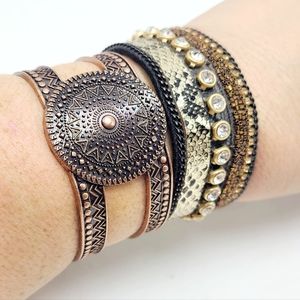 Behind meets steampunk bracelet duo brown copper rhinestones snake print